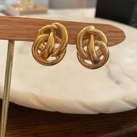 Vintage Givenchy signed statement gold tone pierced metal earrings, 1.25” X 1” - Picture 7 of 10